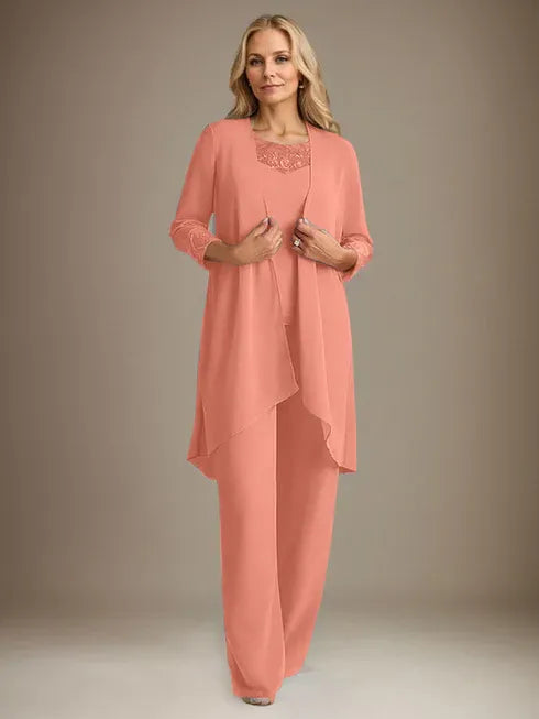 Chiffon Kleid mit Rundhalsausschnitt und langen Ärmeln, Mutter-der-Braut Hosenanzug mit Jacke
