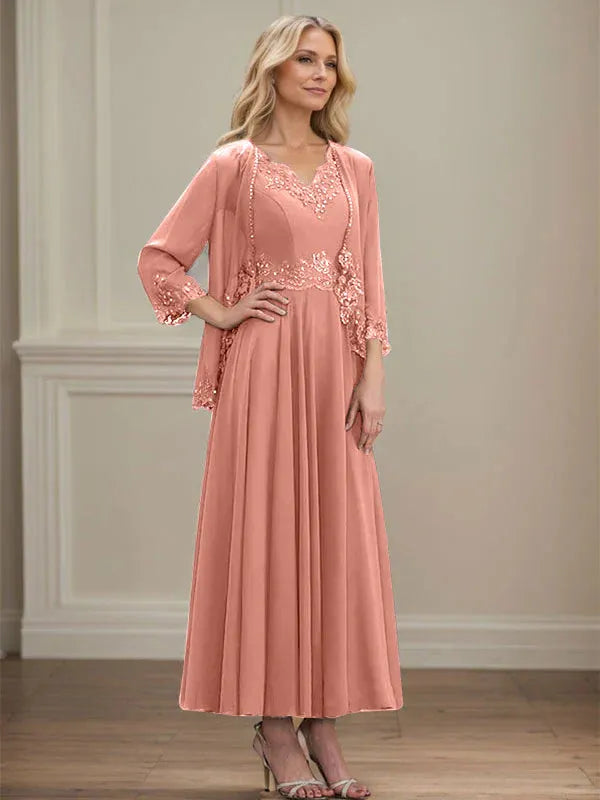 A-Linien Kleid mit V-Ausschnitt, knöchellang, aus Chiffon, Mutter der Braut Kleid mit Pailletten, Applikationen, Spitze und Perlenbesatz