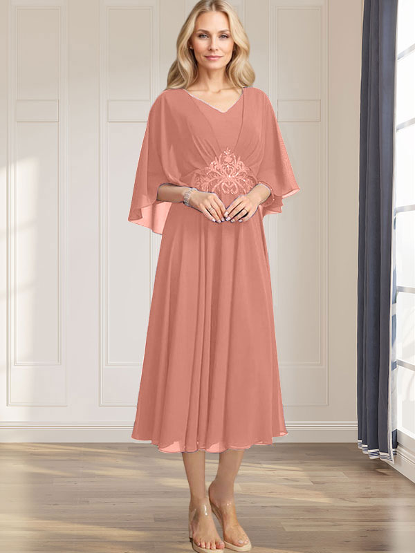 Robe de mère de la mariée en mousseline, longueur thé, col en V, en ligne A, avec appliques plissées, sequins, dentelle et perles