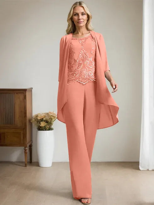 Zweiteiler Jumpsuit/Hosenanzug mit Rundhalsausschnitt, bodenlanges Chiffon-Spitzenkleid für die Mutter der Braut mit Perlen und Pailletten
