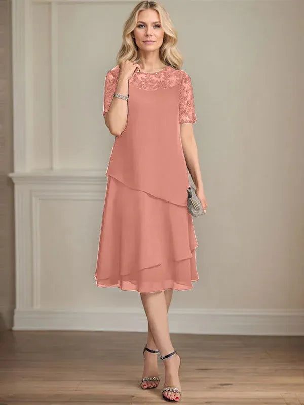A-Linien Rundhals Illusions-Knie-Länge Spitzen-Chiffon Kleid für die Brautmutter mit Pailletten