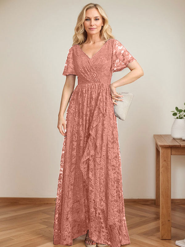 A-Linien Spitzen-Mutter-der-Braut-Kleid mit V-Ausschnitt, asymmetrisch und mit kaskadierenden Rüschen