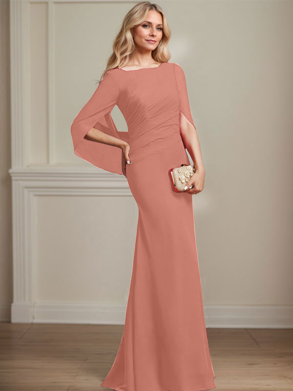 Trompeten-/Meerjungfrauen-Chiffonkleid mit Bootsausschnitt, bodenlang, plissiert, Brautmutterkleid