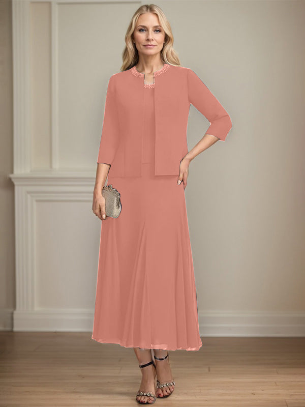 Separates A-Linien Chiffonkleid mit Rundhalsausschnitt, tea-length, Mutter der Braut mit Pailletten und Perlen