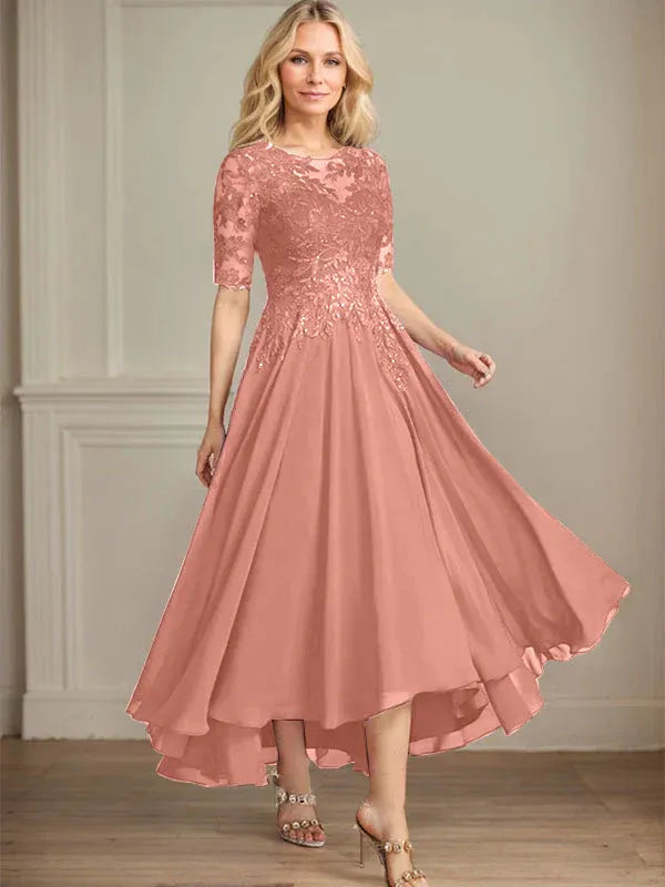 A-Linien Scoop-Ausschnitt Illusion asymmetrisches Chiffon-Spitzen-Mutter-der-Braut-Kleid mit Pailletten