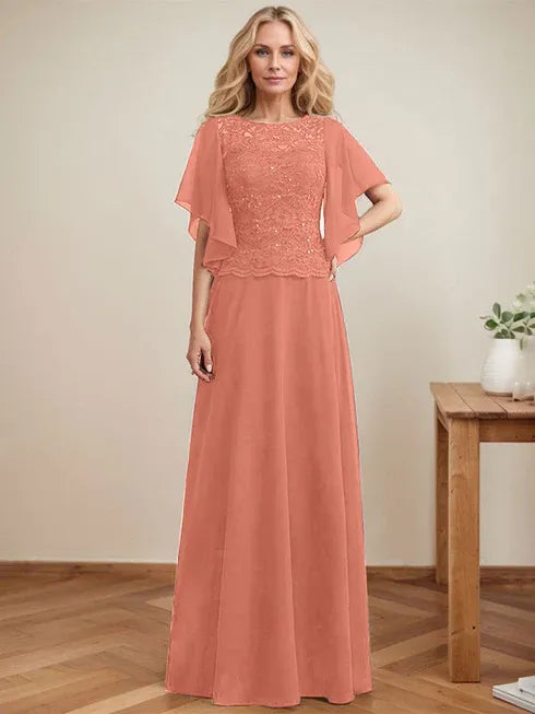 A-Linien Rundhals Illusions-Bodenlanges Spitzen-Chiffon Mutter-der-Braut-Kleid mit Pailletten