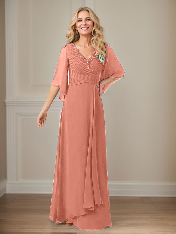 A-Linien V-Ausschnitt langes Pailletten-Chiffon Mutterkleid