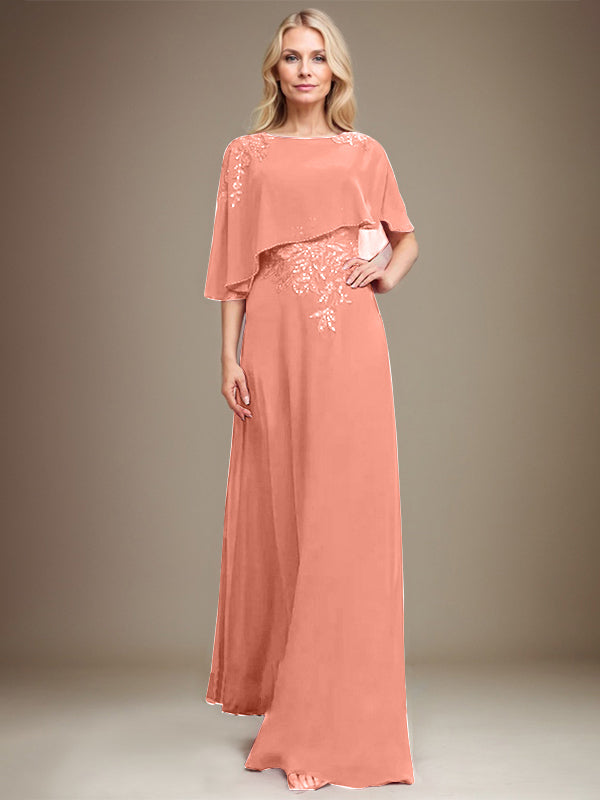 A-Linie Rundhals Bodenlanges Chiffon-Spitzenkleid für die Brautmutter mit Pailletten und Perlen
