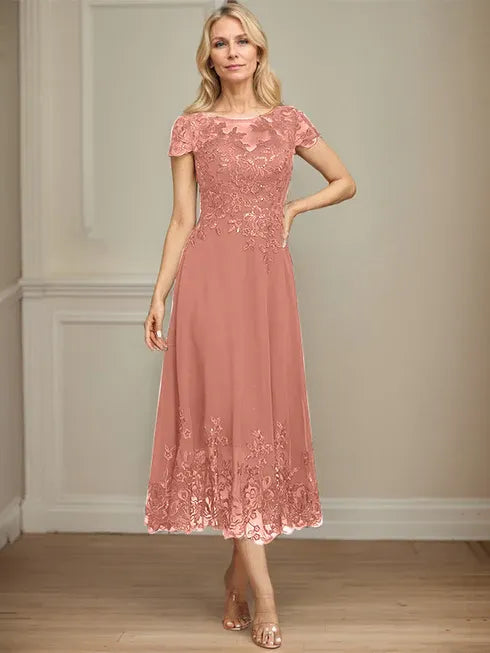 A-Linien Illusions Rundhals tea-langes Spitzenchiffon Mutter der Braut Kleid mit Pailletten
