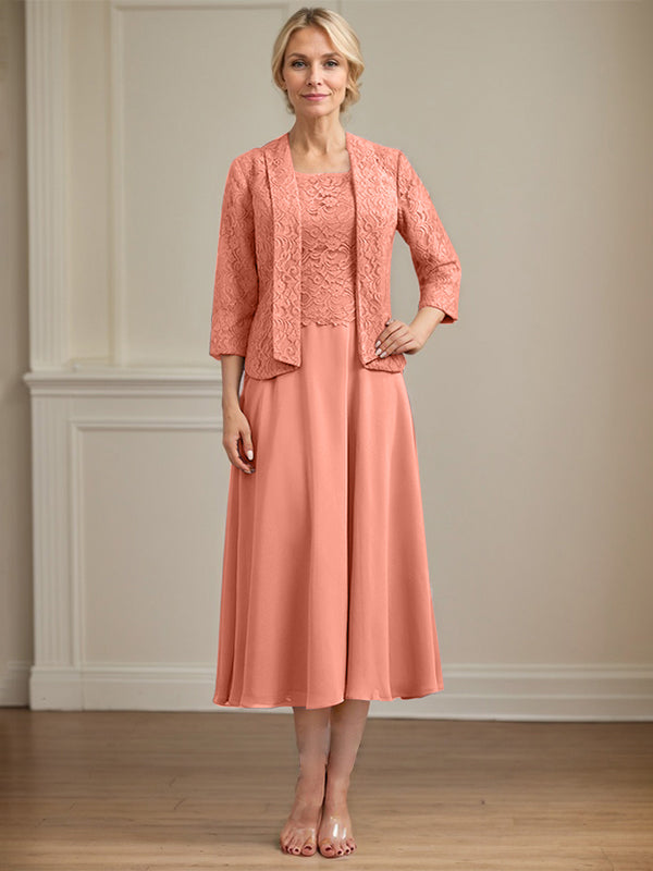 A-Linien Kleid mit Rundhalsausschnitt, tea-länge, Spitze und Chiffon, Mutter der Braut Kleid