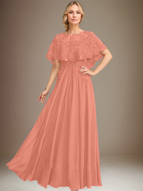 A-Linien Spitzen-Chiffon-Mutter-der-Braut-Kleid mit Bootsausschnitt, bodenlang und Applikations-Pailletten