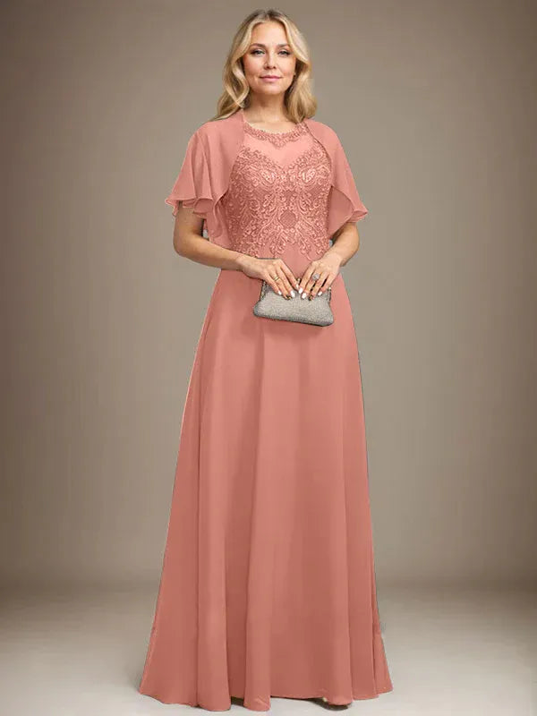 Vestido de madre de la novia de encaje y gasa con ilusión, escote redondo en línea A, largo hasta el suelo con lentejuelas