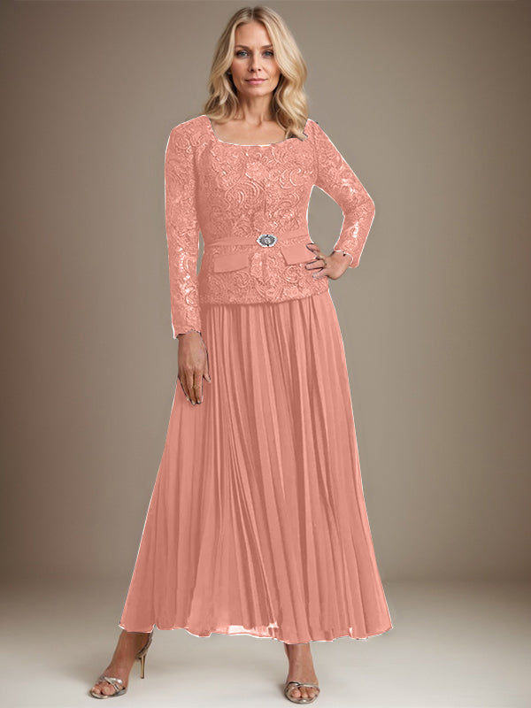 A-Linien-Kleid mit quadratischem Ausschnitt, knöchellang, Chiffon, Mutter der Braut, mit Falten