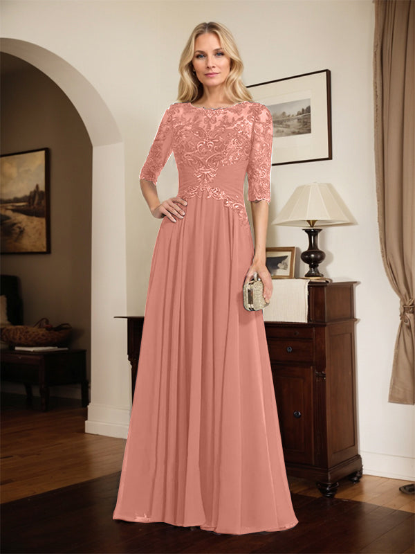 A-Linien Ausschnitt Illusions-Bodenlanges Chiffon-Spitzenkleid für die Mutter der Braut mit plissierten Pailletten
