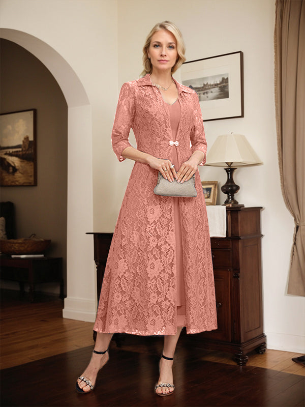 Robe mère de la mariée en mousseline longueur thé à encolure en V et coupe trapèze