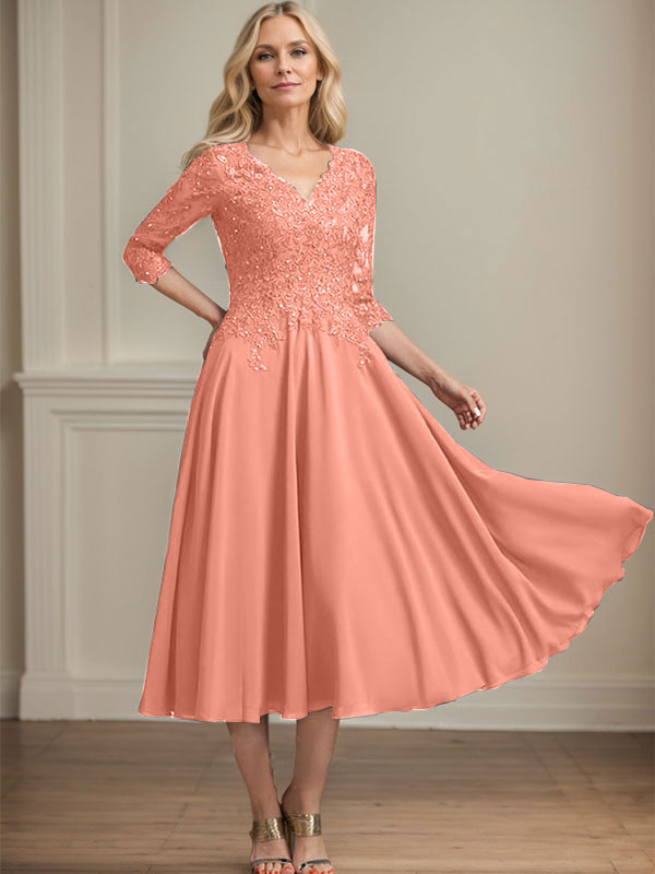 Robe de mère de la mariée en mousseline longueur thé, ligne A, col en V, en dentelle avec perles et sequins