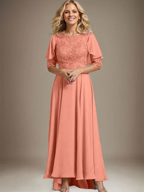 A-Linien Kleid mit Scoop-Ausschnitt, Illusion, asymmetrischem Chiffon und Spitzen, Mutter-der-Braut-Kleid mit Perlenbesatz