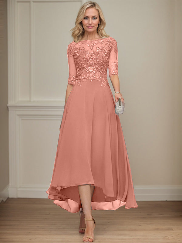 A-Linien Bootsausschnitt Illusionskleid mit asymmetrischem Chiffon-Spitzenstoff, Mutter-der-Braut-Kleid mit Paillettenperlen