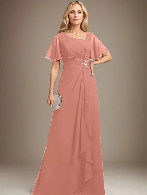 A-Linien asymmetrisches bodenlanges Chiffon Mutter-der-Braut-Kleid mit plissierten Perlen und Pailletten