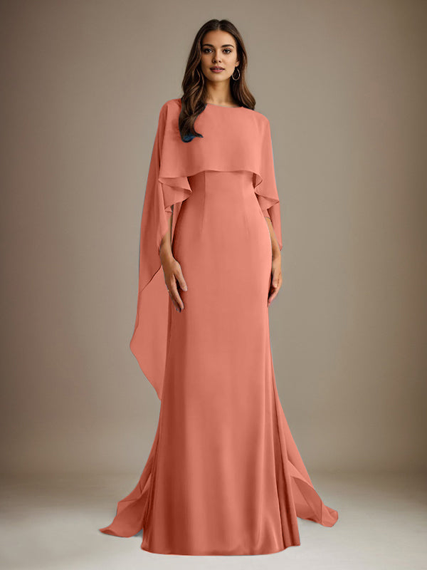 Etuikleid/Säulenkleid Bootsausschnitt bodenlanges Chiffon Mutter-des-Braut-Kleid mit kaskadierenden Rüschen
