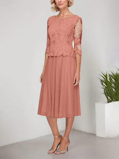 A-Linie Rundhals Tee-Länge Spitze Chiffon Mutter-der-Braut-Kleid mit Stickerei