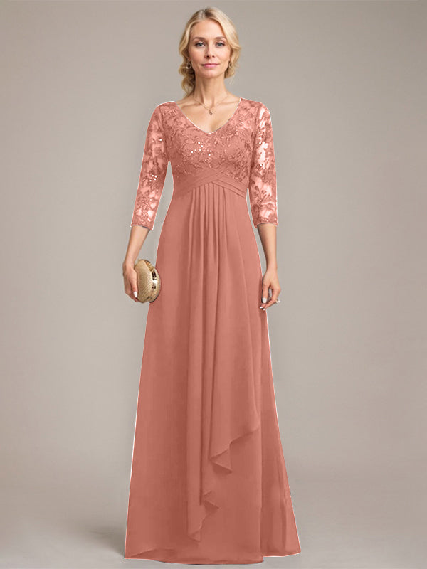A-Linien V-Ausschnitt bodenlanges Spitzen-Chiffonkleid für die Mutter der Braut mit kaskadierenden Rüschen und Pailletten