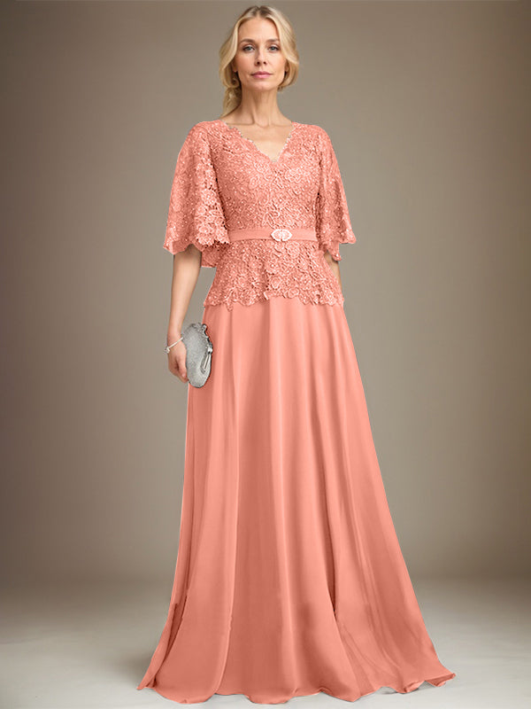 A-Linien V-Ausschnitt Bodenlanges Chiffon-Spitzen Mutter-der-Braut-Kleid mit Kristallbrosche und Strass