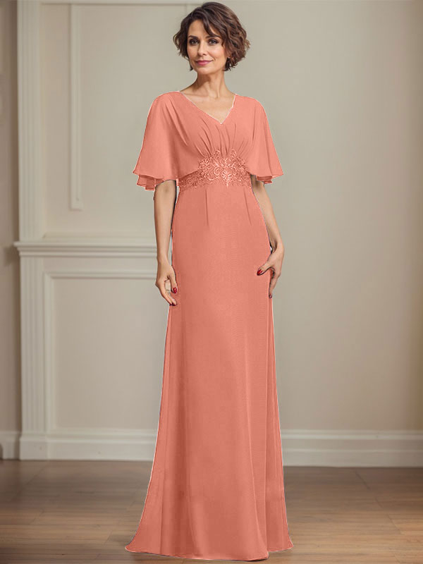 A-Linien Chiffon Mutter-der-Braut-Kleid mit V-Ausschnitt, bodenlang, mit plissierten Pailletten-Applikationen und Spitze