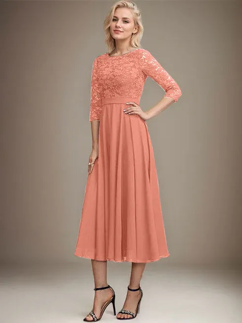 A-Linien Spitzen-Chiffon-Brautmutterkleid mit V-Ausschnitt, tea-length, mit Pailletten