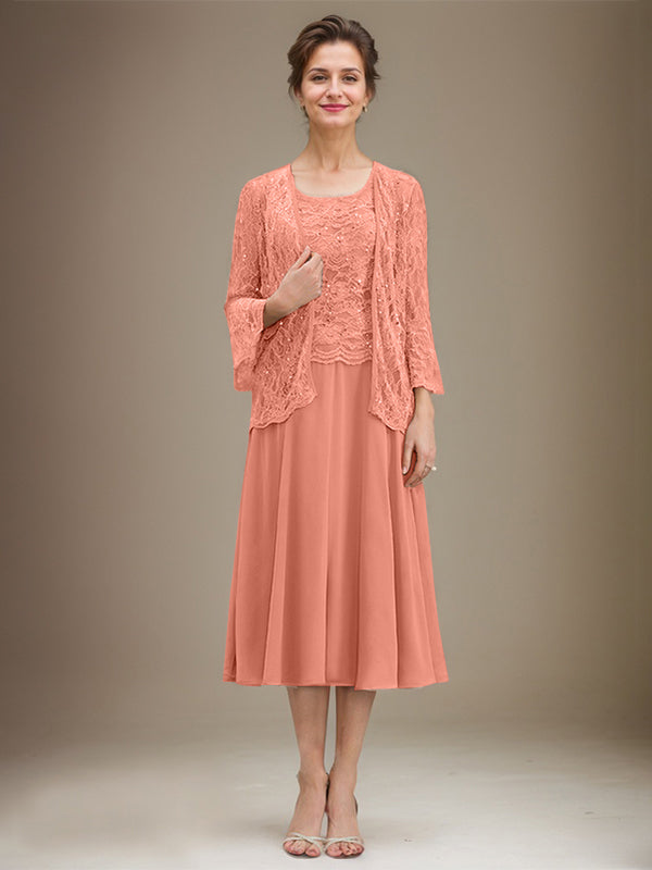 A-Linien Spitzen-Chiffon-Brautmutterkleid mit V-Ausschnitt, tea-length, mit Pailletten