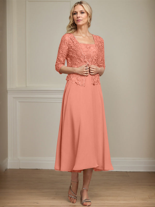 Robe de mère de la mariée en mousseline et dentelle ligne A longueur thé avec perles et sequins