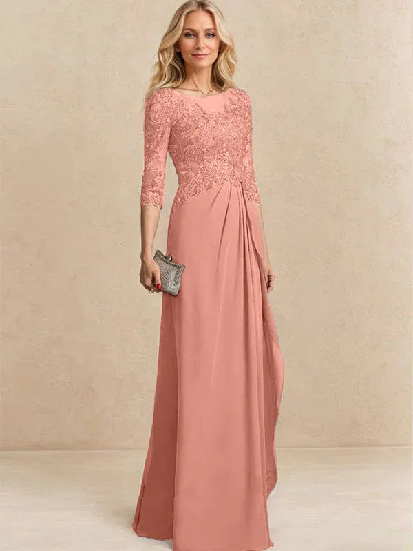 Vestido para la madre de la novia línea A con escote redondo ilusión, largo hasta el suelo, de gasa y encaje con cuentas, lentejuelas y volantes en cascada
