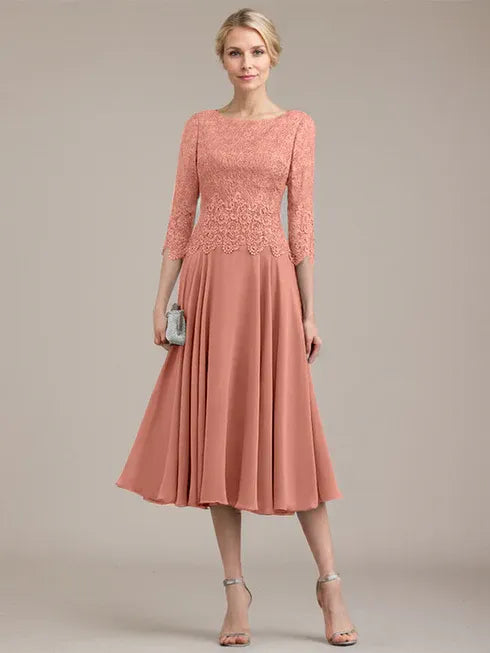 A-Linien Kleid mit Rundhalsausschnitt, tea-länge, Spitze und Chiffon, Mutter der Braut Kleid