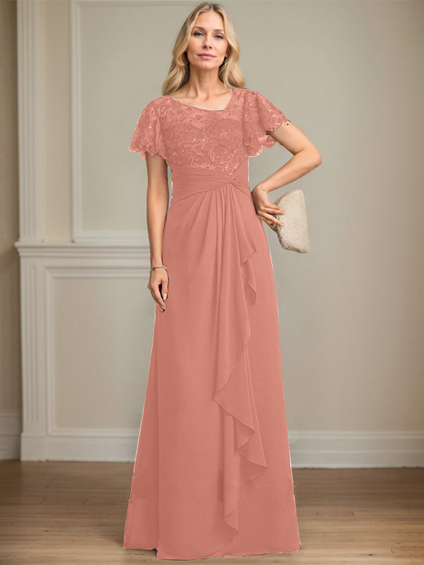 A-Linie asymmetrisches Illusions bodenlanges Spitzen-Chiffon Brautmutterkleid mit kaskadierenden Volants und Pailletten
