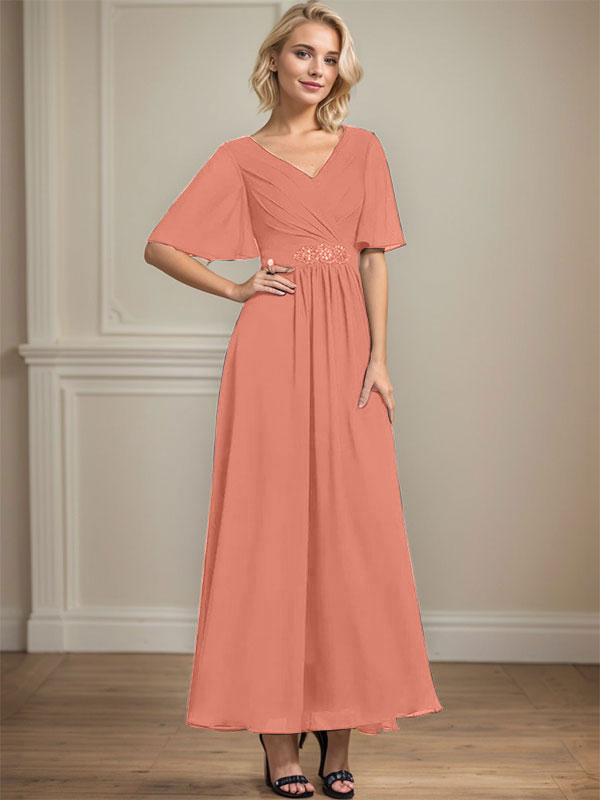 A-Linien V-Ausschnitt Knöchellanges Chiffon Kleid für die Brautmutter mit plissierten Perlen und Pailletten
