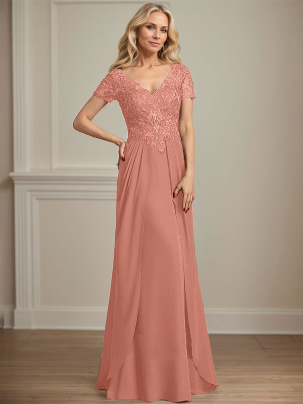 A-Linien Chiffon-Spitzen-Mutter-der-Braut-Kleid mit V-Ausschnitt, bodenlang