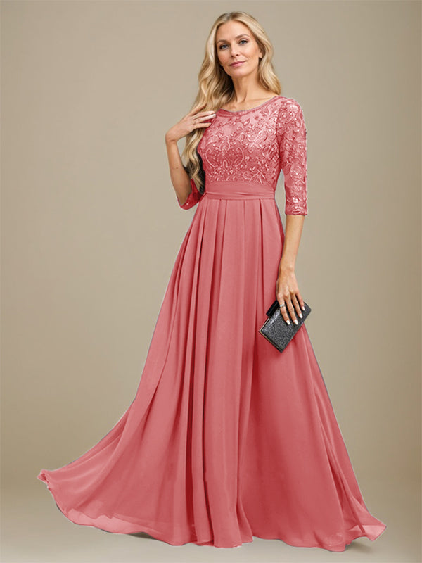 A-Line Scoop Floor-Length Lace Chiffon Mother Of the Bride Dress With Sequins Applique