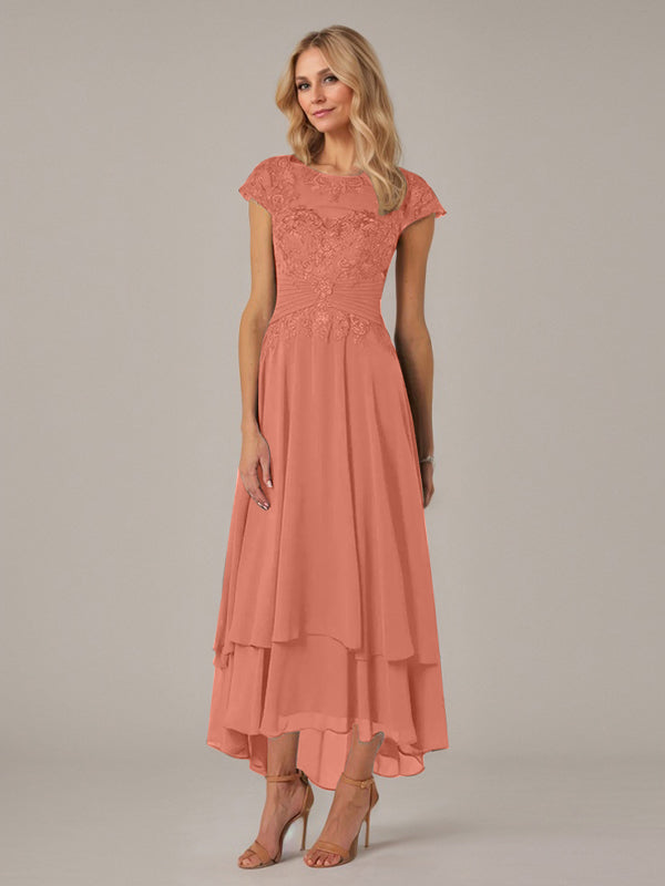 A-Linien Boot-Ausschnitt Illusions asymmetrisches Chiffon-Spitzen Mutterkleid der Braut mit Applikationsfalten