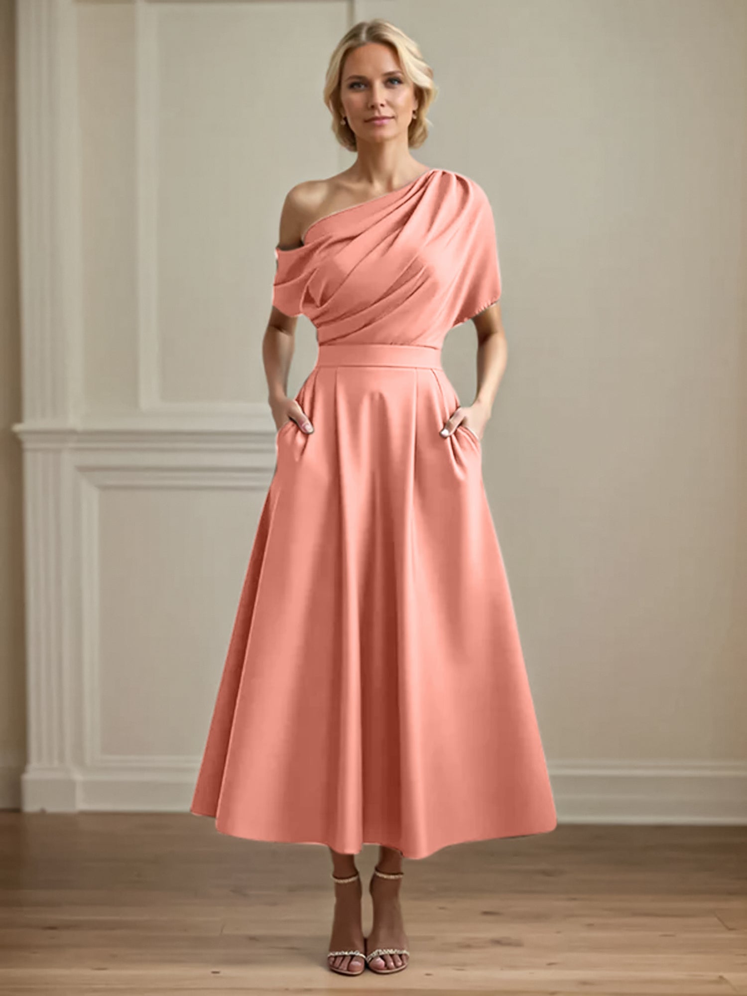 A Line Satin One Shoulder Pleated Ankle Length Mother of the Bride Dress