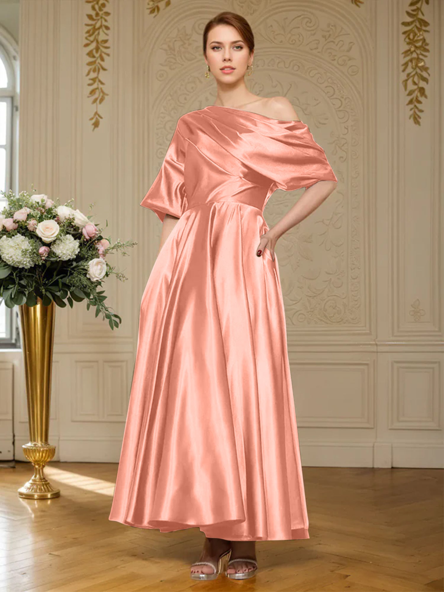 A-Linien Kurzarm plissiertes knöchellanges seidenähnliches Satin Kleid für die Brautmutter