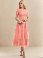 Robe de mère de la mariée A-line en tulle et dentelle, col arrondi, longueur thé