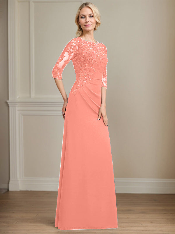 A-Linie Rundhals bodenlanges Chiffon Spitzen Brautmutterkleid mit Perlen Falten Pailletten