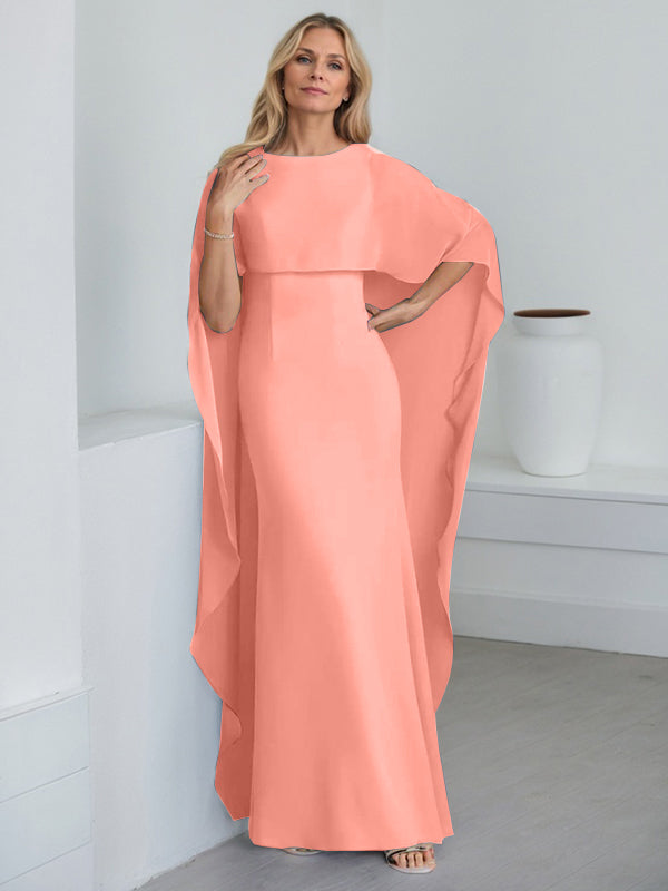 Etui-Kleid mit Rundhalsausschnitt, bodenlang, Chiffon, Mutter-der-Braut-Kleid mit kaskadierenden Rüschen