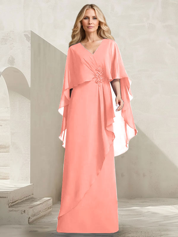 Robe mère de la mariée longue en chiffon coupe trapèze à col en V avec volants en cascade et perles