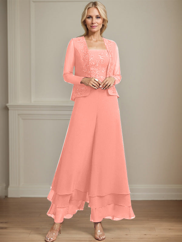 Zweiteiler Jumpsuit/Hosenanzug quadratisch knöchellang Spitze Chiffon Brautmutterkleid mit Pailletten