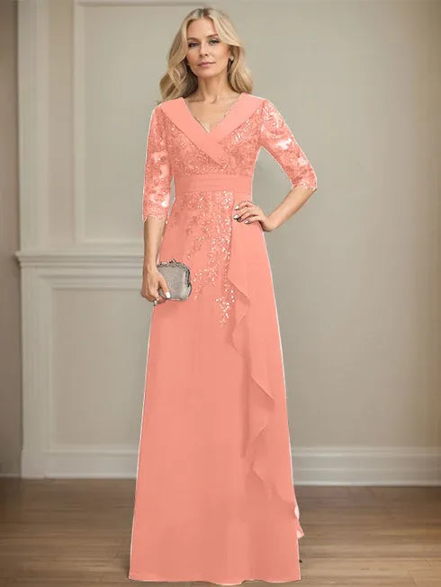 A-Linien Kleid mit Kragen, V-Ausschnitt, bodenlang, aus Spitze und Chiffon, Mutter der Braut Kleid mit Pailletten und fallenden Rüschen