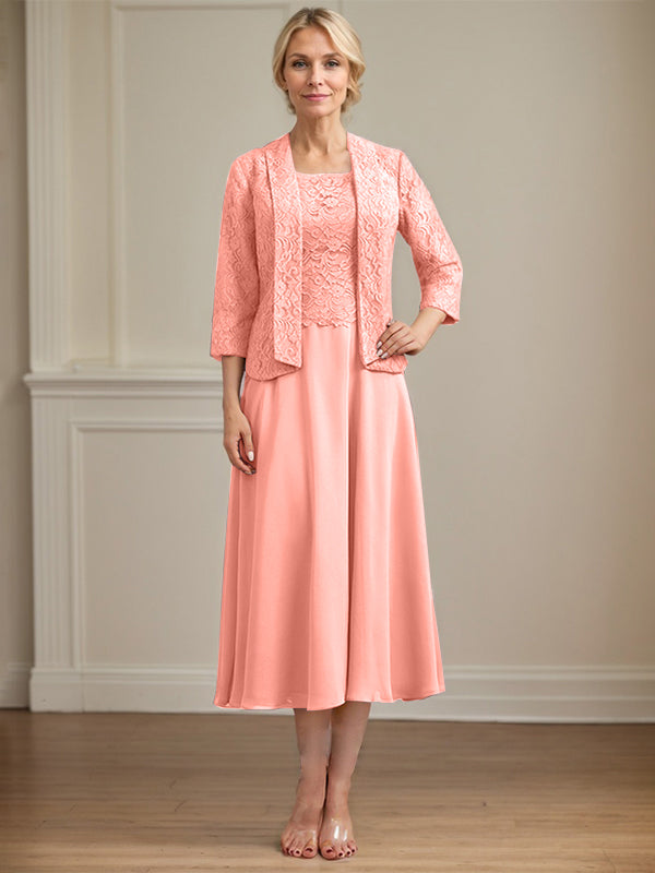 A-Linien Kleid mit Rundhalsausschnitt, tea-länge, Spitze und Chiffon, Mutter der Braut Kleid