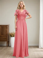 A-Linien V-Ausschnitt Bodenlanges Spitzen-Chiffon Kleid für die Brautmutter mit Pailletten