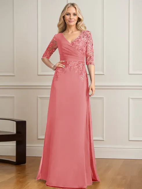 A-Linien V-Ausschnitt bodenlanges Spitzen-Chiffon Kleid der Brautmutter mit plissierten Pailletten