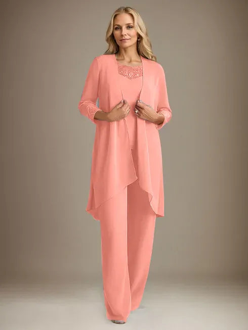 Chiffon Kleid mit Rundhalsausschnitt und langen Ärmeln, Mutter-der-Braut Hosenanzug mit Jacke